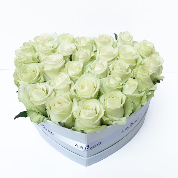 Heart shaped flower box with white roses