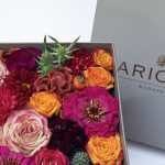 Burgundy and Orange Seasonal Arioso Flower Box with Ghraoui Chocolate specialty