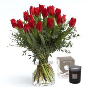lovely package with red tulips and scented candle