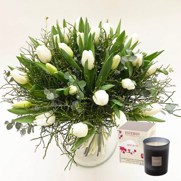 elegant gift package with seasonal white tulips and Esteban candle